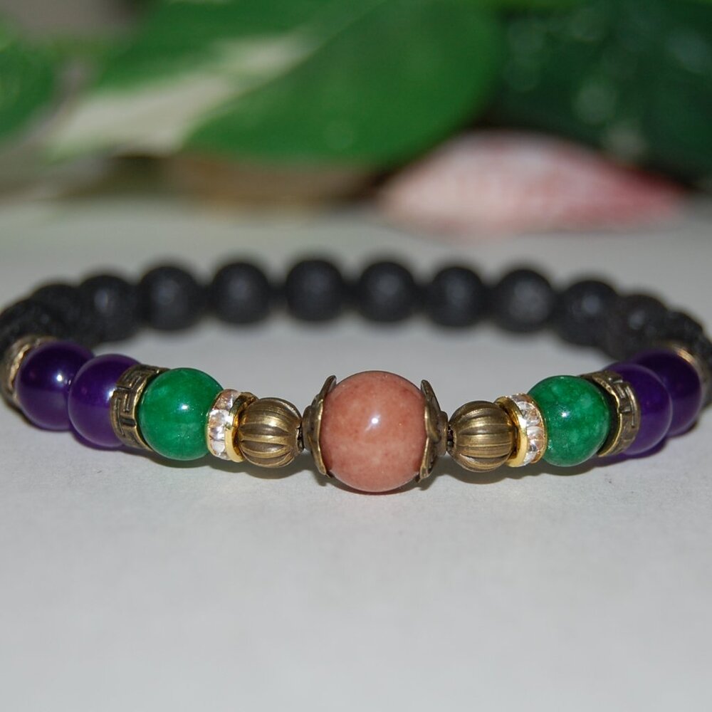 Lava Bracelet,Good Luck Bracelet,Multi Color Stone Beads,Jade and Lava Bracelet